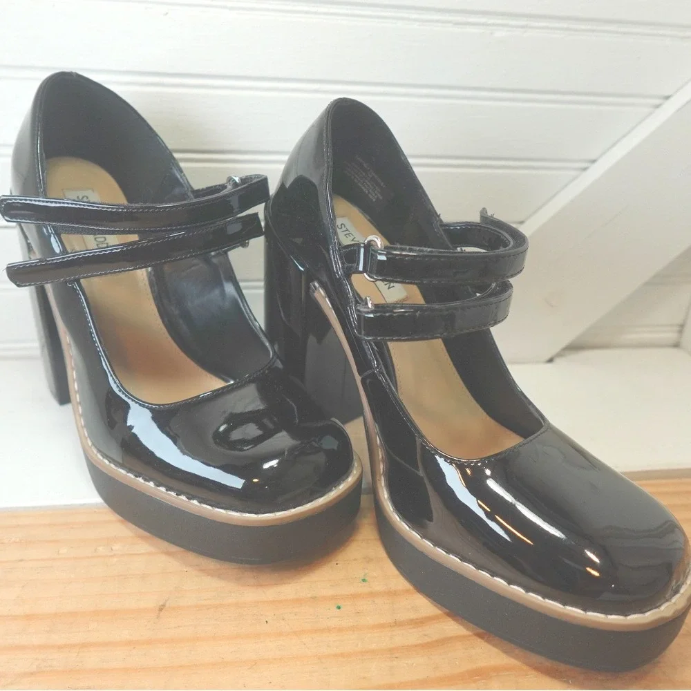 Steve Madden Twice Black Patent Platform Mary-Jane Shoes Women's Size 7M Heels